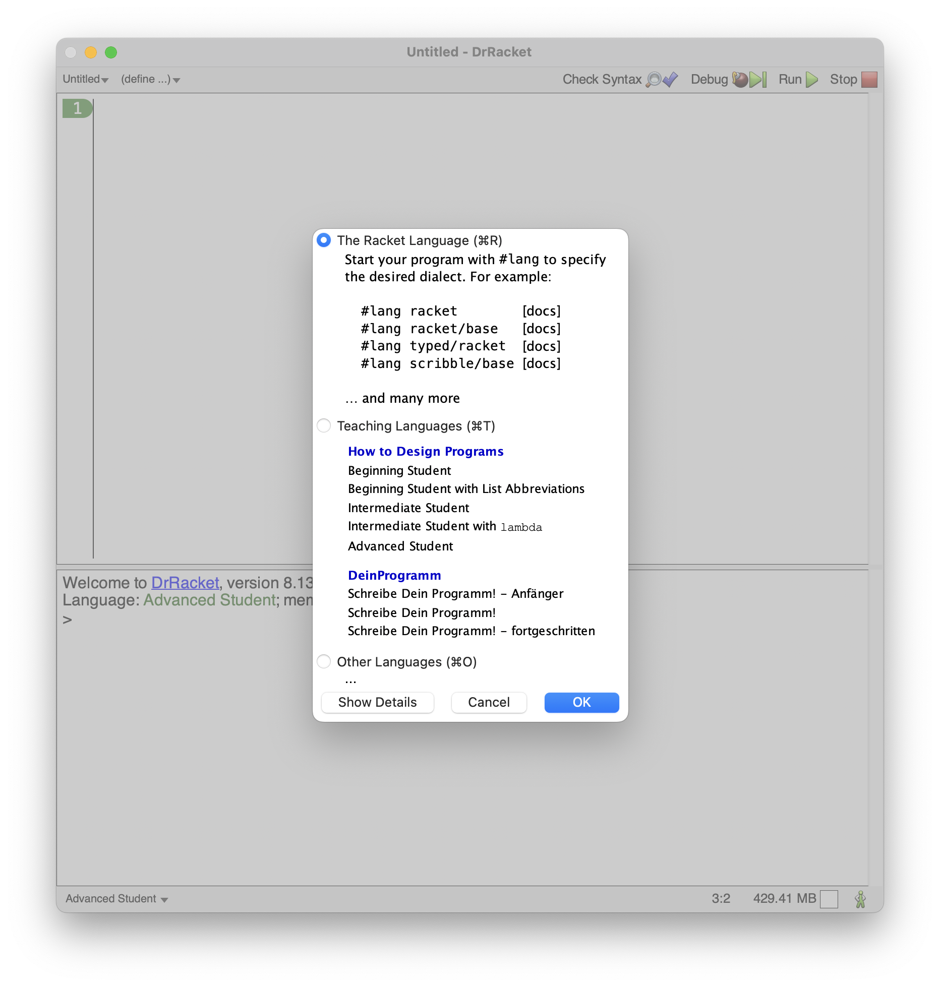 DrRacket Language Select