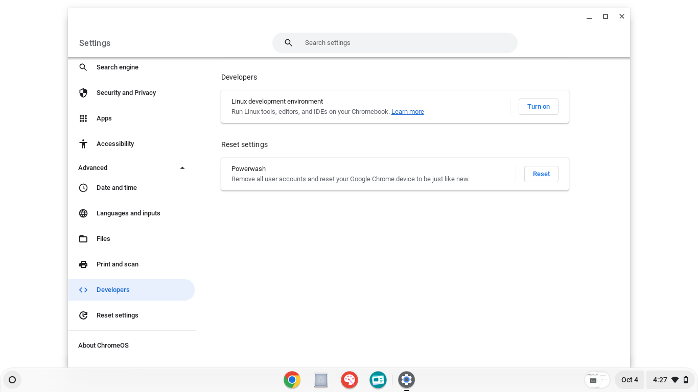 Screenshot of Chromebook settings