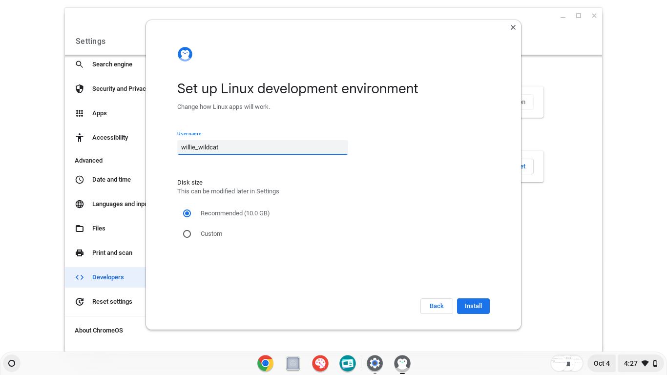 Screenshot of Chromebook settings